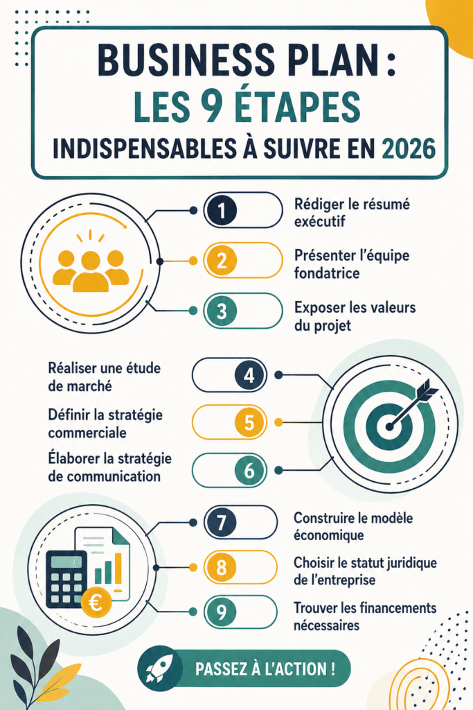 Diagramme illustrant les 9 étapes pour créer un business plan en 2026