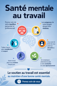 Une femme au travail dans un bureau lumineux, heureuse et détendue, représentant la santé mentale au travail.