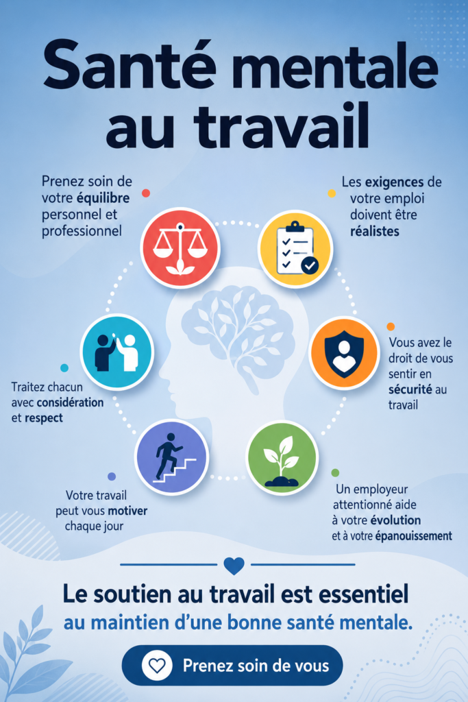 Une femme au travail dans un bureau lumineux, heureuse et détendue, représentant la santé mentale au travail.