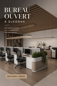 Bureau moderne open space à Jeddah avec des couleurs vives et un éclairage naturel.