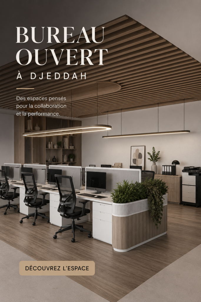 Bureau moderne open space à Jeddah avec des couleurs vives et un éclairage naturel.
