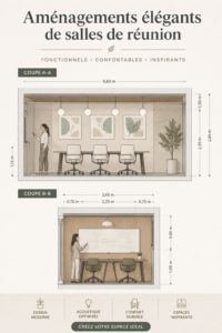Aménagement stylé d'une salle de conférence moderne avec un grand écran et des sièges confortables.