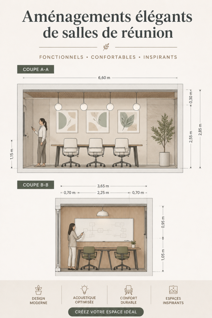 Aménagement stylé d'une salle de conférence moderne avec un grand écran et des sièges confortables.