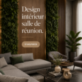 Salle de réunion moderne avec mobilier ergonomique et éclairage doux.