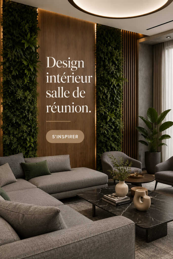 Salle de réunion moderne avec mobilier ergonomique et éclairage doux.