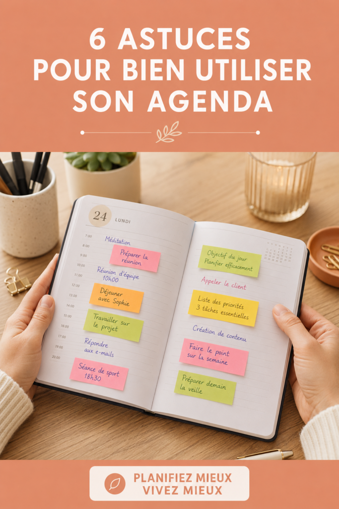 Femme consultant son agenda avec une tasse de café à la main, représentant un moment d'organisation