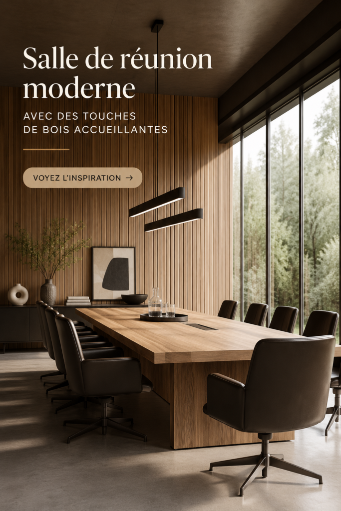 Salle de conférence moderne avec des accents en bois chaleureux et un mobilier élégant.