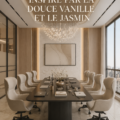 Image d'un bureau moderne décoré avec des éléments inspirés de la vanille et du jasmin.