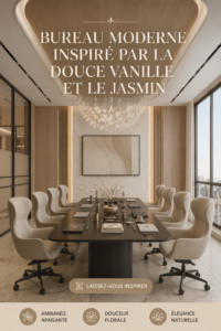Image d'un bureau moderne décoré avec des éléments inspirés de la vanille et du jasmin.