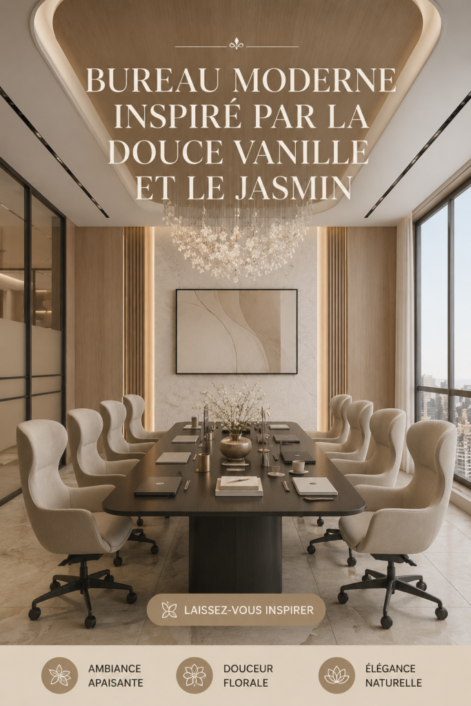 Image d'un bureau moderne décoré avec des éléments inspirés de la vanille et du jasmin.