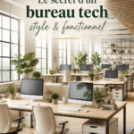 Un bureau moderne et bien décoré avec des éléments technologiques élégants.