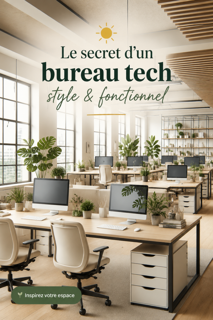 Un bureau moderne et bien décoré avec des éléments technologiques élégants.