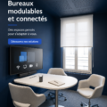 Un bureau modulable et connecté bien aménagé dans un espace de travail moderne.