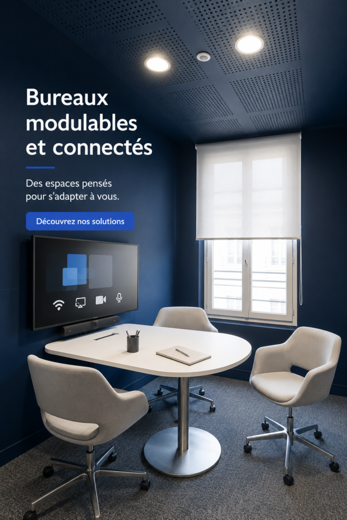 Un bureau modulable et connecté bien aménagé dans un espace de travail moderne.