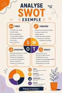 Illustration d'une analyse SWOT avec les quatre quadrants : forces, faiblesses, opportunités et menaces
