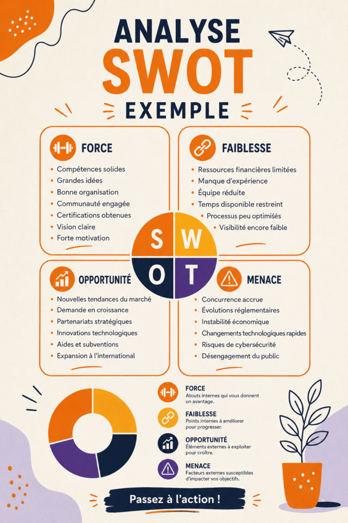 Illustration d'une analyse SWOT avec les quatre quadrants : forces, faiblesses, opportunités et menaces