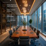 Vue d'un espace de travail collaboratif moderne avec des zones de détente et de collaboration.