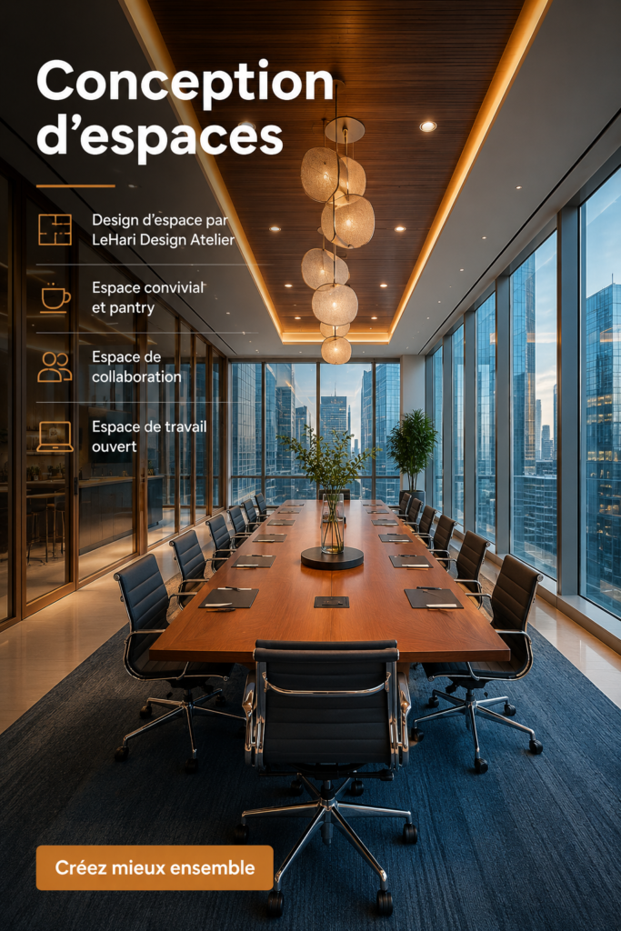 Vue d'un espace de travail collaboratif moderne avec des zones de détente et de collaboration.
