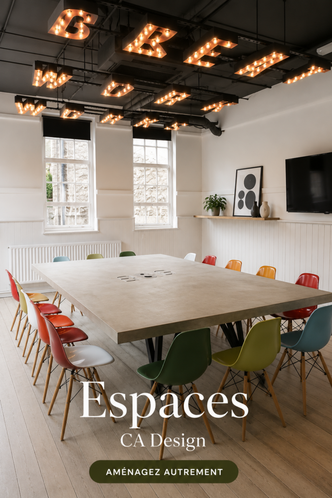 Un bureau moderne et lumineux dans un espace de coworking avec des personnes en pleine collaboration.