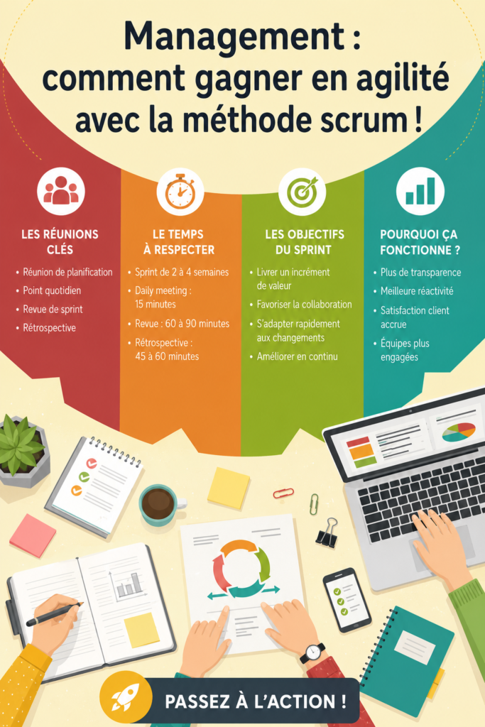 Équipe en réunion utilisant la méthode Scrum pour gérer leur projet