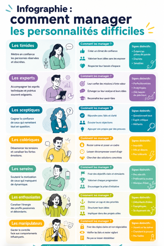 Infographie illustrant des stratégies pour manager des personnalités difficiles au travail