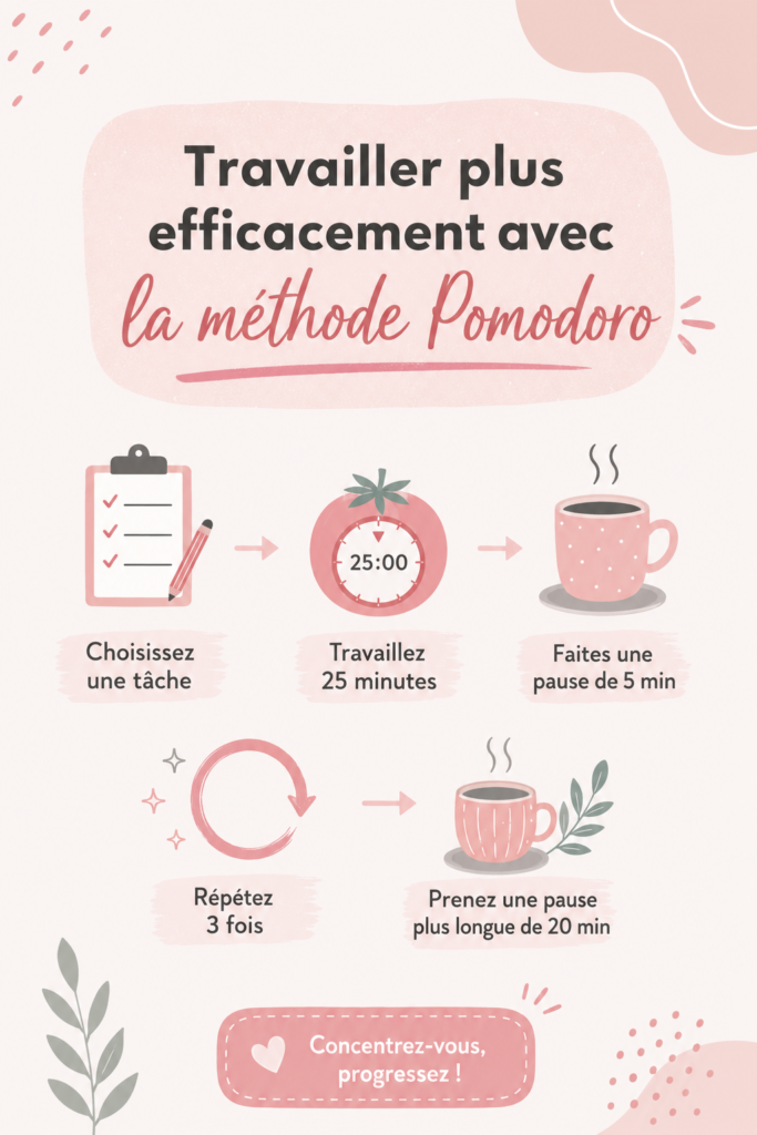 Femme en train de travailler avec un minuteur à côté d'elle pour la méthode Pomodoro.