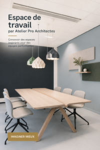 Espace de travail moderne conçu par Atelier Pro, avec des matériaux lumineux et fonctionnels.