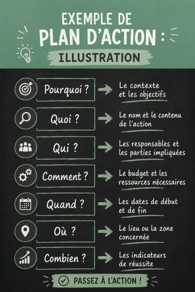 Un plan d'action illustré avec des éléments visuels et des étapes claires.