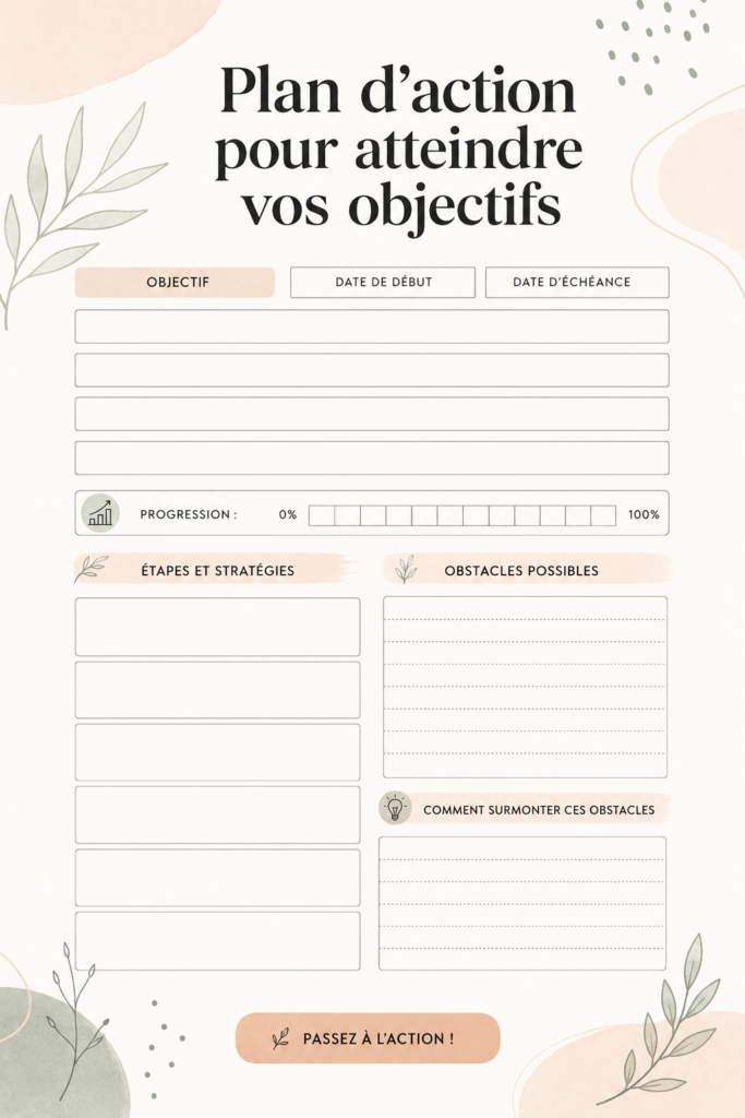 Une femme souriante consultando un plan d'action pour ses objectifs personnels.