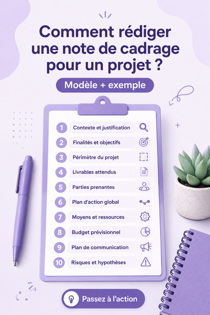 Image illustrant un modèle de note de cadrage de projet sur un bureau