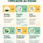 Femme travaillant efficacement à son bureau, entourée d'outils pratiques.