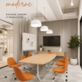 Une salle de conférence moderne, avec mobilier élégant et équipement technologique.