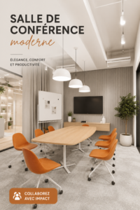 Une salle de conférence moderne, avec mobilier élégant et équipement technologique.
