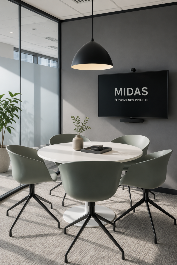 Salle de réunion Midas prête pour une session de travail collaborative.