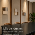 Salle de réunion moderne avec tubes en acier corten et panneaux en tissu