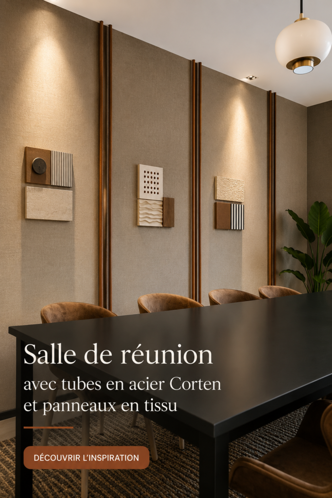 Salle de réunion moderne avec tubes en acier corten et panneaux en tissu