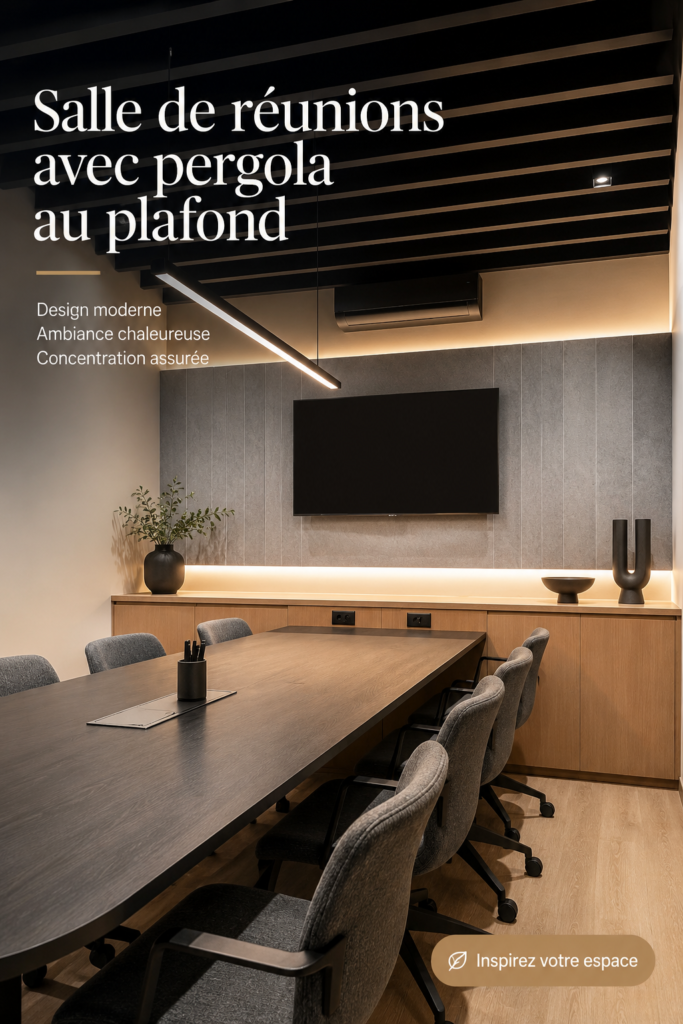 Salle de réunion moderne avec une pergola au plafond, créant une ambiance lumineuse