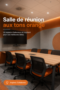 Salle de réunion moderne avec des éléments décoratifs orange.
