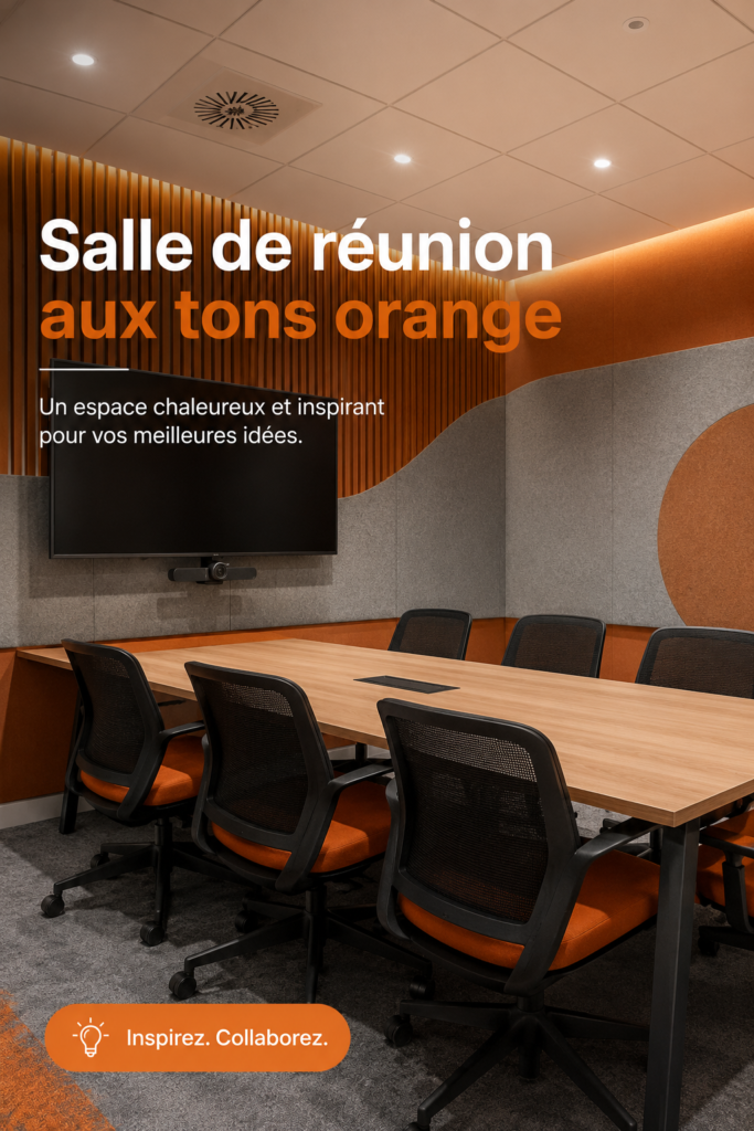 Salle de réunion moderne avec des éléments décoratifs orange.