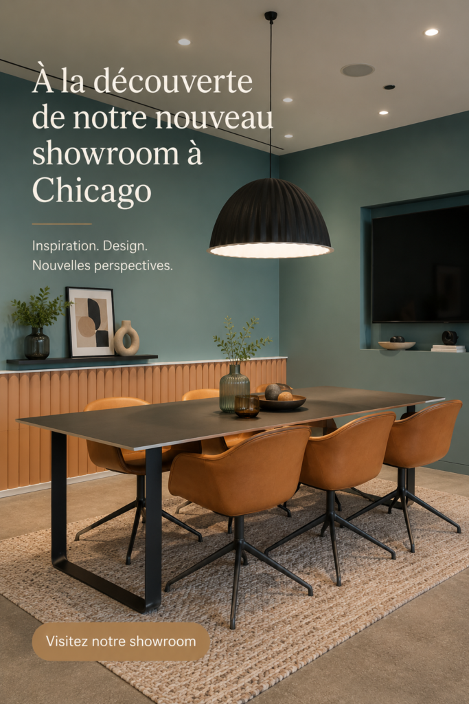 Vue d'ensemble du nouveau showroom à Chicago, avec des meubles modernes et une atmosphère accueillante.