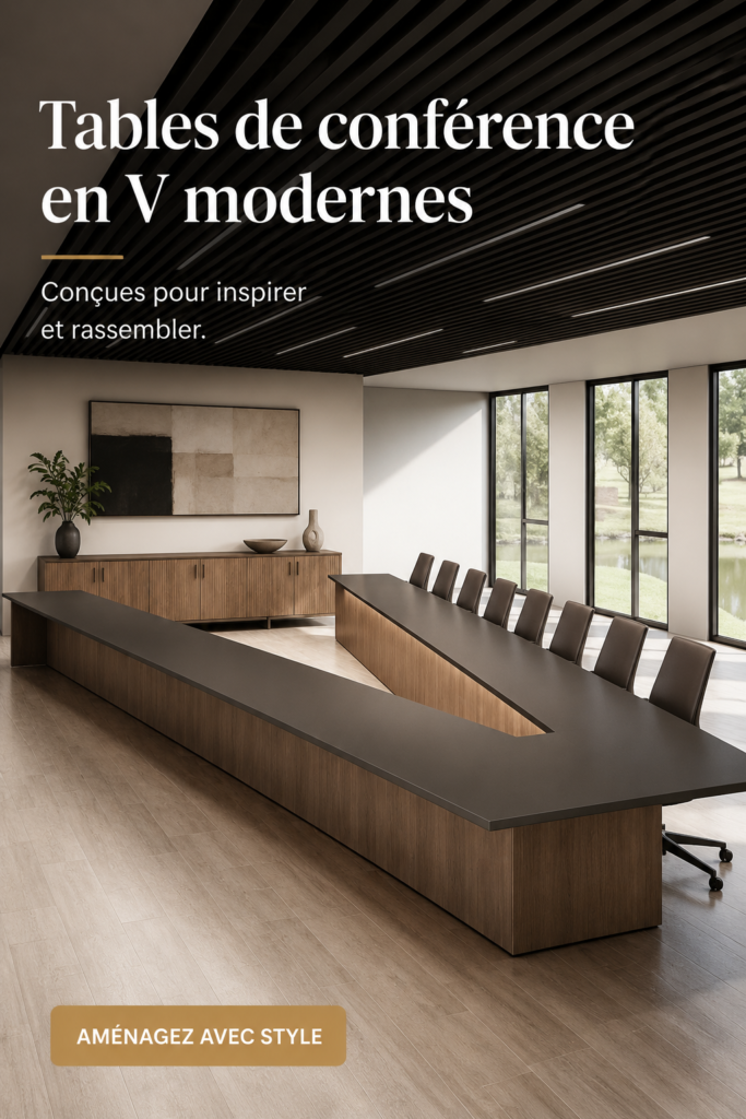 Table de conférence moderne en V dans un bureau élégant avec un éclairage naturel.