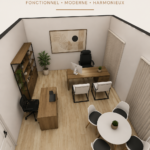 Un bureau bien aménagé avec des éléments décoratifs et un espace de travail confortable