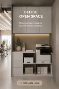 Aménagement d'un bureau open space moderne avec des espaces collaboratifs et des zones de travail individuels.