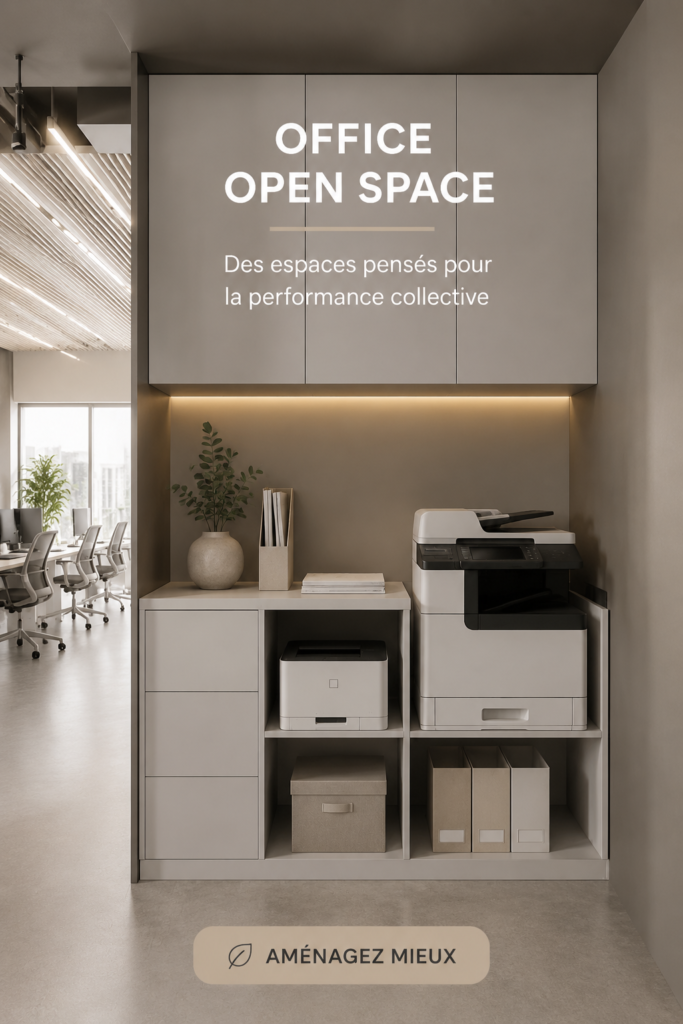 Aménagement d'un bureau open space moderne avec des espaces collaboratifs et des zones de travail individuels.