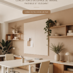Un bureau minimaliste décoré avec des plantes et des éléments apaisants.