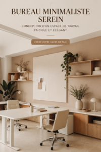 Un bureau minimaliste décoré avec des plantes et des éléments apaisants.