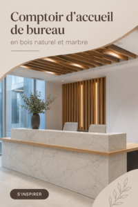 Un bureau de réception au design élégant en bois naturel et marbre.
