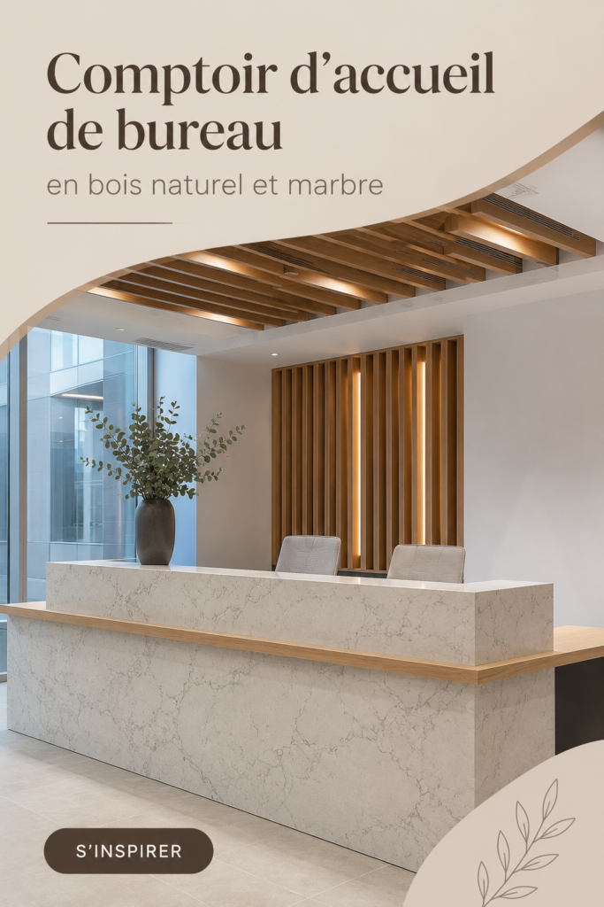 Un bureau de réception au design élégant en bois naturel et marbre.