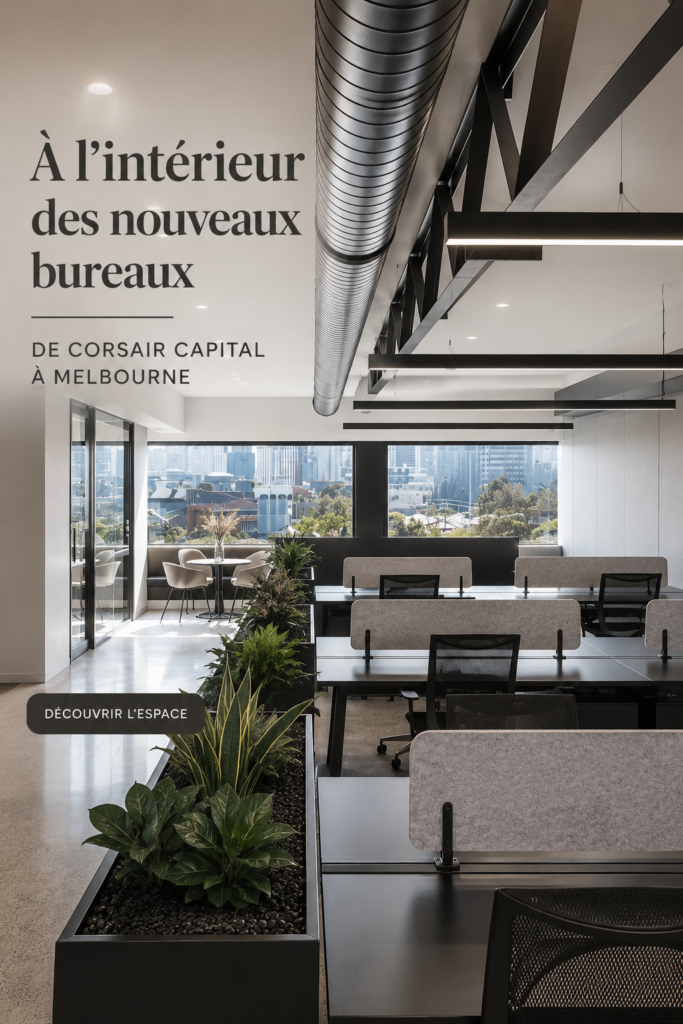 Vue extérieure des bureaux modernes de Corsair Capital à Melbourne, avec des lignes épurées et une architecture contemporaine.