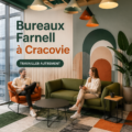 Vue des bureaux Farnell à Cracovie avec un design moderne et accueillant.
